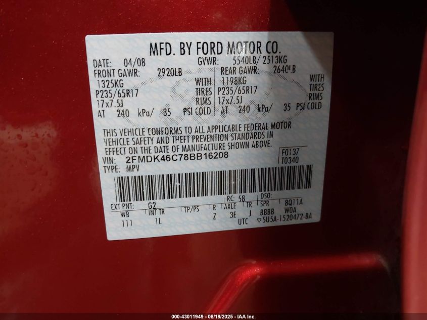 2008 Ford Edge Se VIN: 2FMDK46C78BB16208 Lot: 43011949