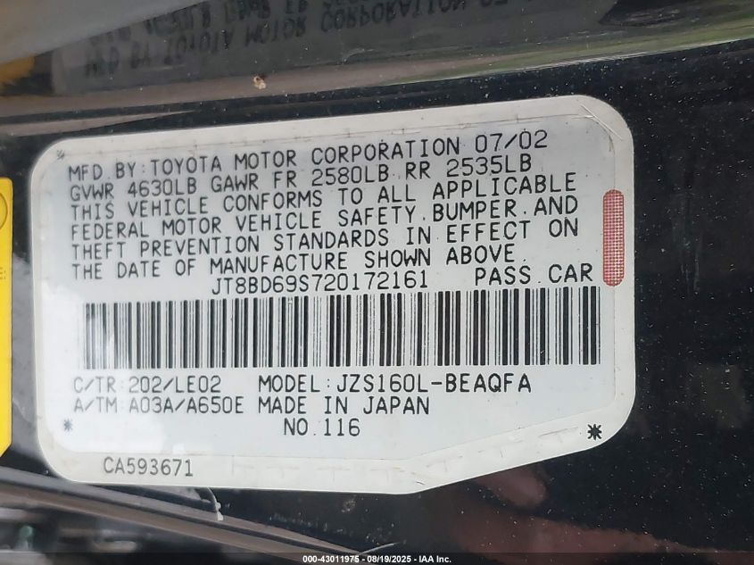 2002 Lexus Gs 300 VIN: JT8BD69S720172161 Lot: 43011975