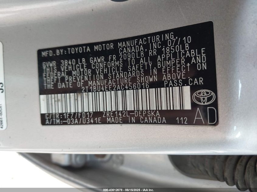 2010 Toyota Corolla S VIN: 2T1BU4EE2AC456016 Lot: 43012078