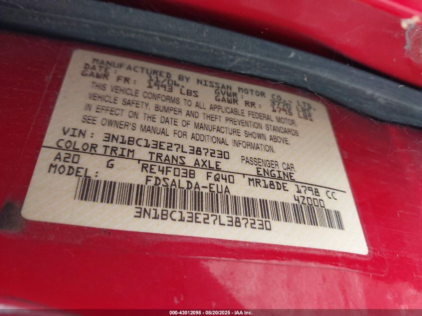 2007 Nissan Versa 1.8S VIN: 3N1BC13E27L387230 Lot: 43012098