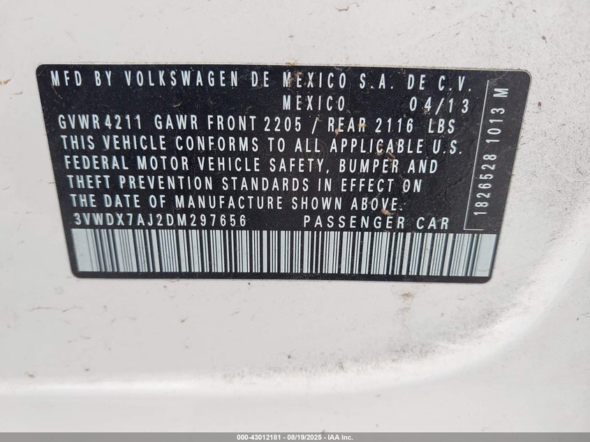 2013 VOLKSWAGEN JETTA 2.5L SE - 3VWDX7AJ2DM297656