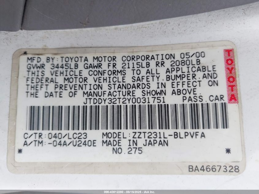 2000 Toyota Celica Gts VIN: JTDDY32T2Y0031751 Lot: 43012280