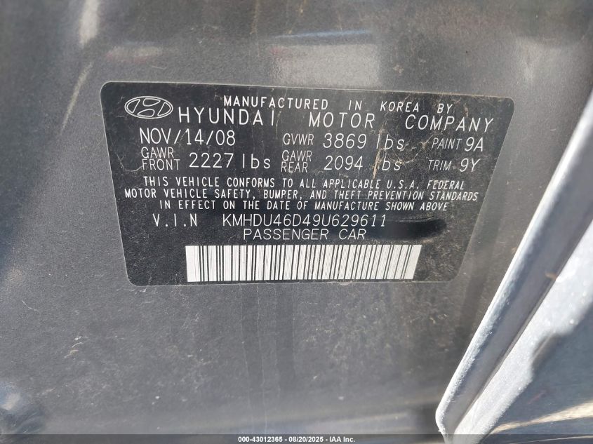 2009 Hyundai Elantra Gls VIN: KMHDU46D49U629611 Lot: 43012365