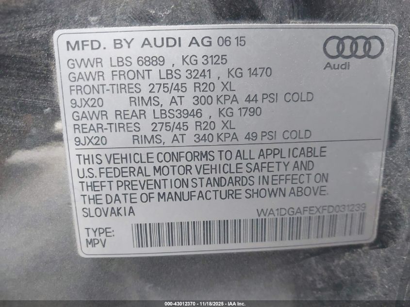 2015 Audi Q7 3.0T S Line Prestige VIN: WA1DGAFEXFD031239 Lot: 43012370