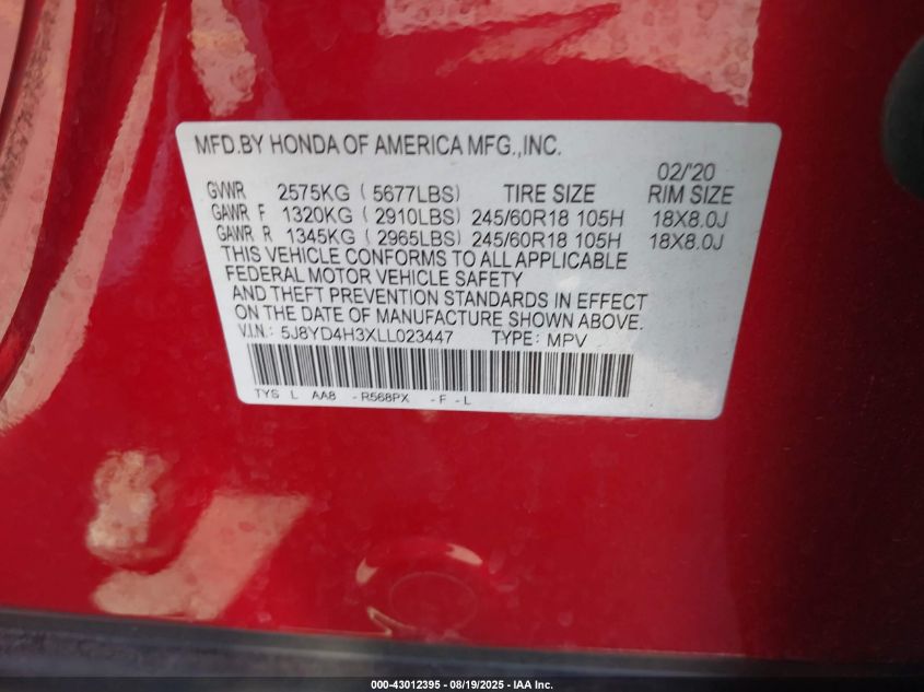 2020 Acura Mdx Standard VIN: 5J8YD4H3XLL023447 Lot: 43012395