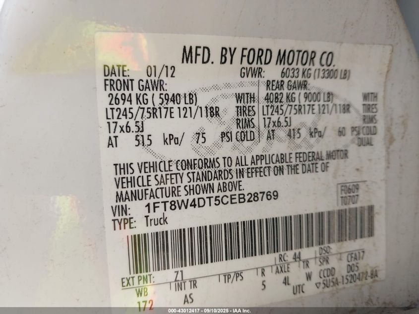 2012 Ford F-450 Xl VIN: 1FT8W4DT5CEB28769 Lot: 43012417