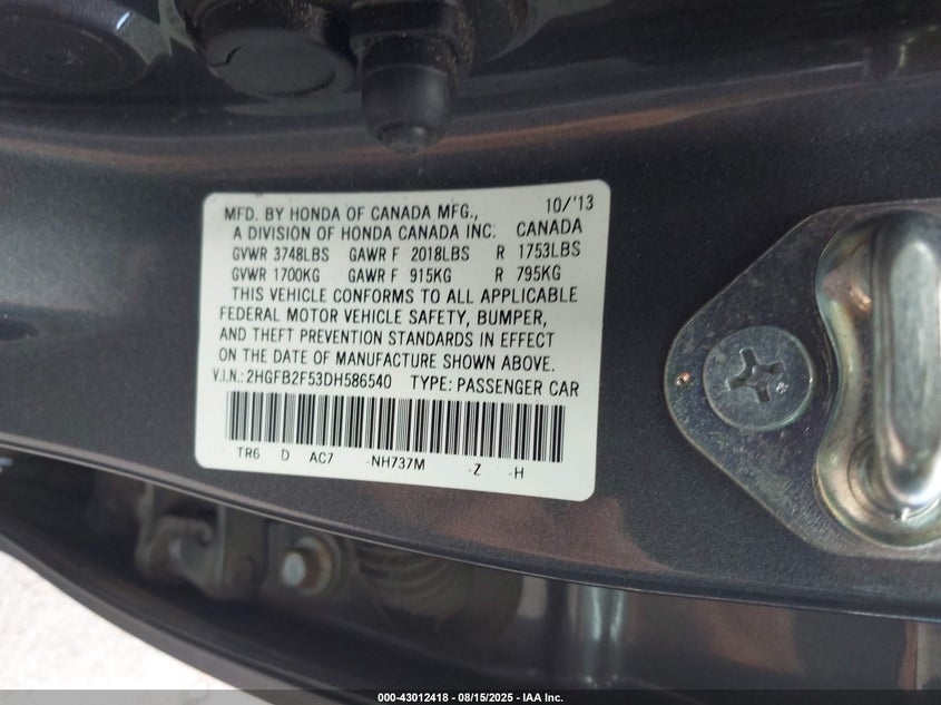 2013 Honda Civic Lx VIN: 2HGFB2F53DH586540 Lot: 43012418