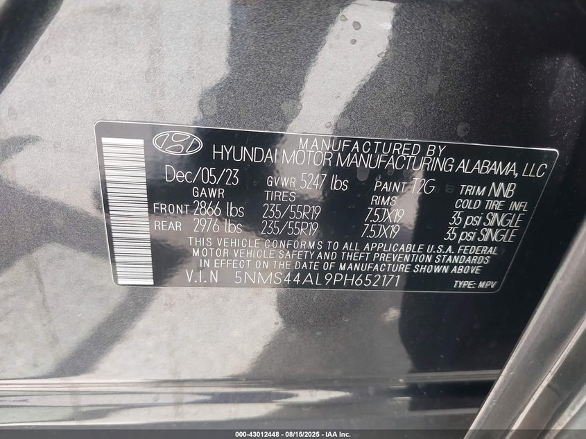 2023 Hyundai Santa Fe Limited VIN: 5NMS44AL9PH652171 Lot: 43012448