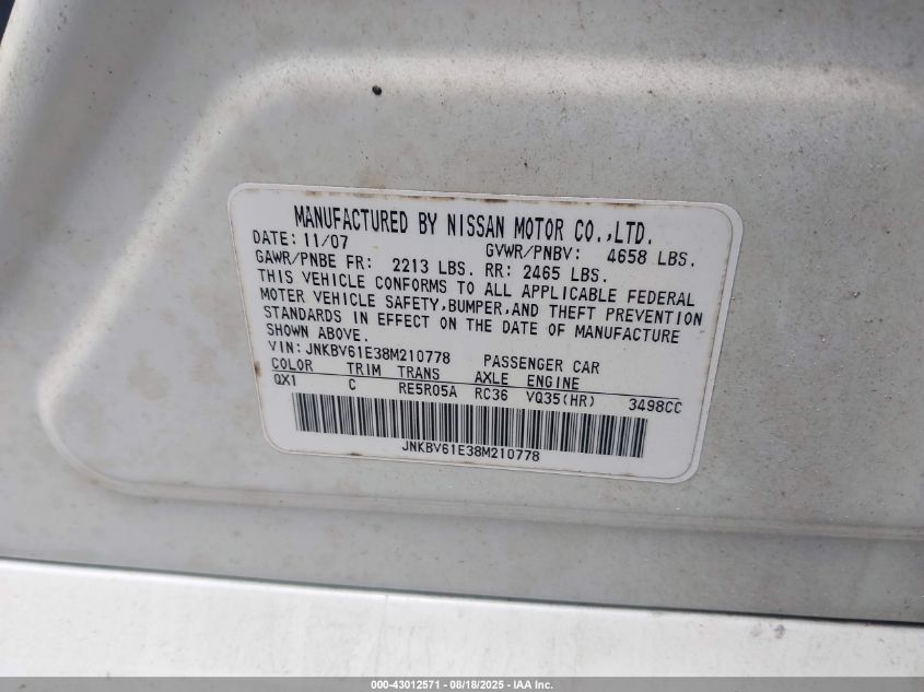 2008 Infiniti G35 Journey VIN: JNKBV61E38M210778 Lot: 43012571