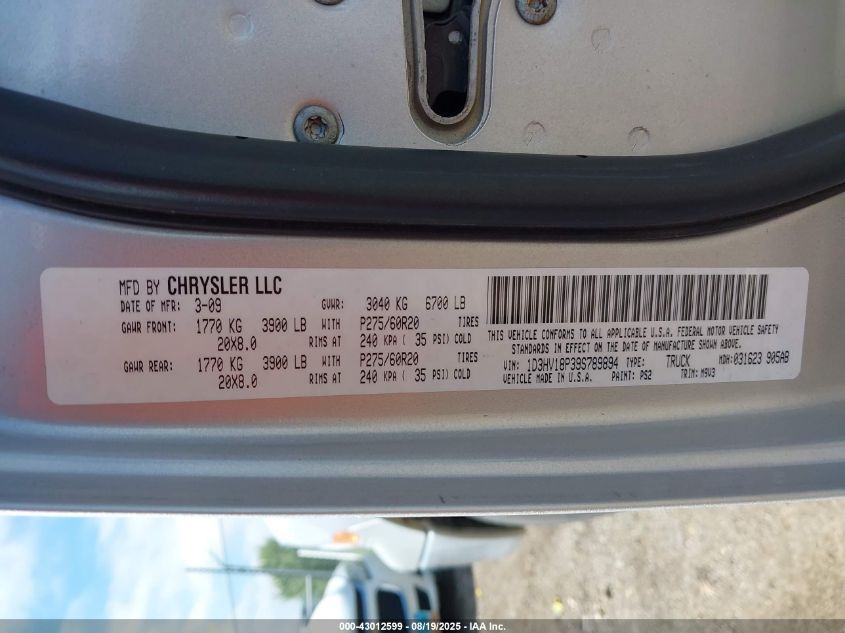 2009 Dodge Ram 1500 Slt/Sport/Trx VIN: 1D3HV18P39S789894 Lot: 43012599