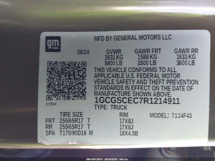 2024 Chevrolet Colorado 2Wd Lt VIN: 1GCGSCEC7R1214911 Lot: 43012615