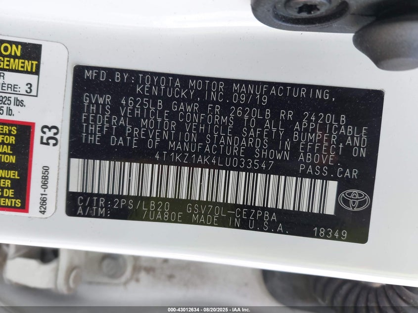 2020 Toyota Camry Xse V6 VIN: 4T1KZ1AK4LU033547 Lot: 43012634