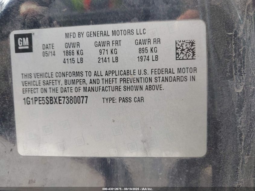 2014 Chevrolet Cruze 2Lt Auto VIN: 1G1PE5SBXE7380077 Lot: 43012675