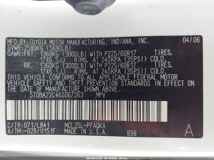 2006 Toyota Sienna Xle VIN: 5TDBA22C46S067263 Lot: 43012726