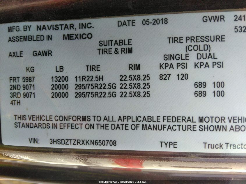 2019 International Lt VIN: 3HSDZTZRXKN650708 Lot: 43012747