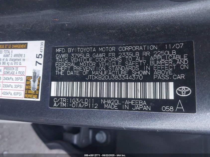 2008 Toyota Prius VIN: JTDKB20U383344370 Lot: 43012771