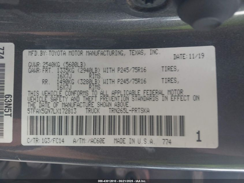 2020 Toyota Tacoma Sr5 VIN: 5TFAX5GN7LX172813 Lot: 43012810