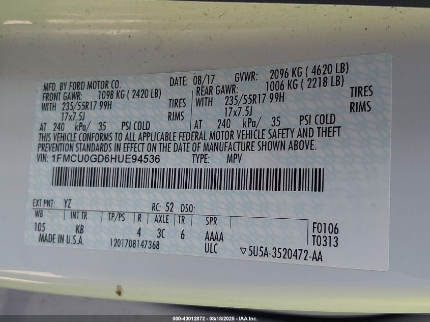 2017 Ford Escape Se VIN: 1FMCU0GD6HUE94536 Lot: 43012872