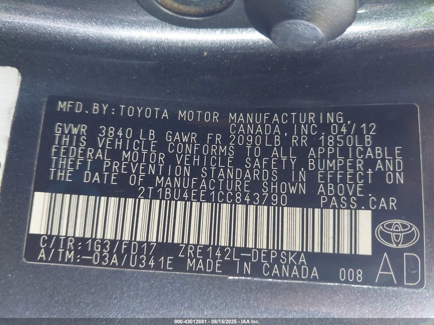 2T1BU4EE1CC843790 2012 TOYOTA COROLLA photo no. 9