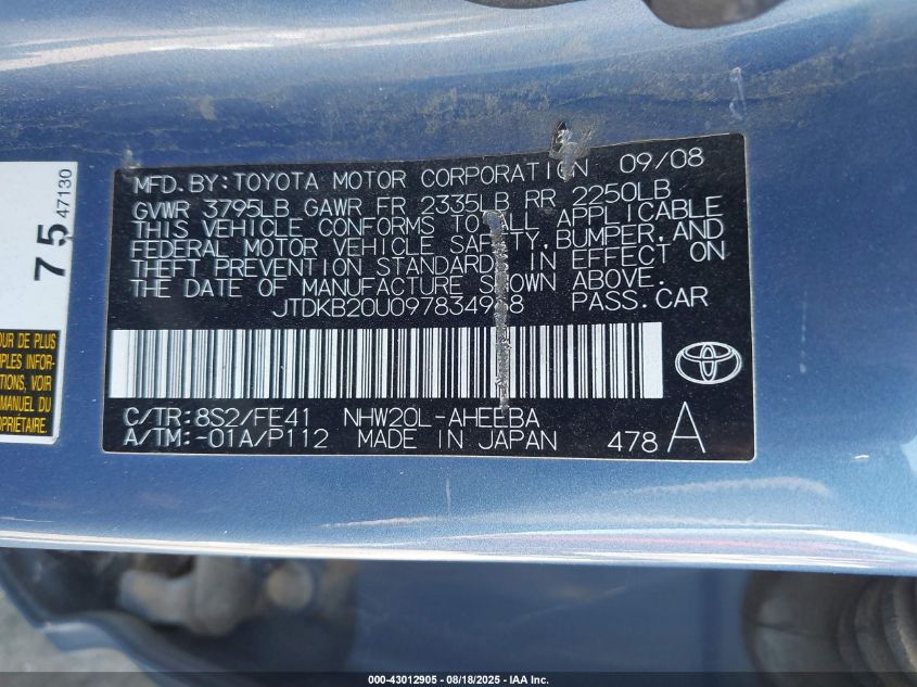 2009 Toyota Prius VIN: JTDKB20U097834968 Lot: 43012905