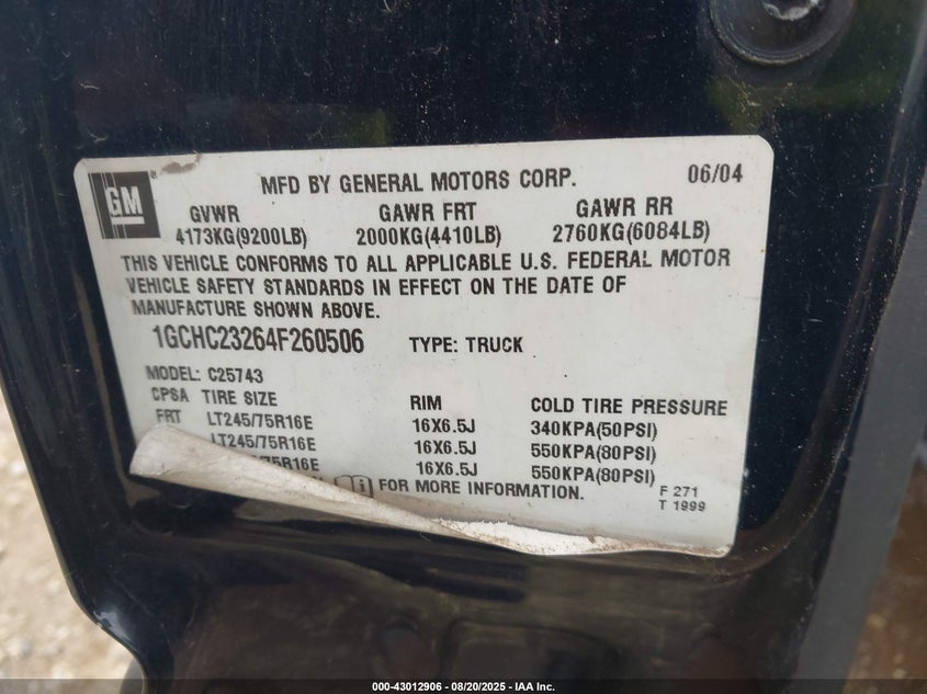 2004 Chevrolet Silverado 2500Hd Lt VIN: 1GCHC23264F260506 Lot: 43012906