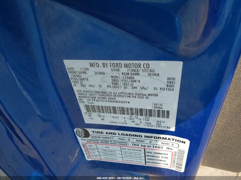 2010 Ford F-150 Fx2 Sport/Harley-Davidson/King Ranch/Lariat/Platinum/Xl/Xlt VIN: 1FTFW1CV3AKB32374 Lot: 43012951