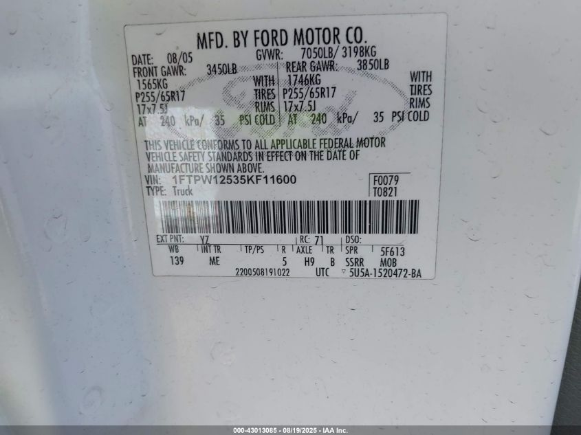 2005 Ford F-150 Lariat/Xlt VIN: 1FTPW12535KF11600 Lot: 43013085