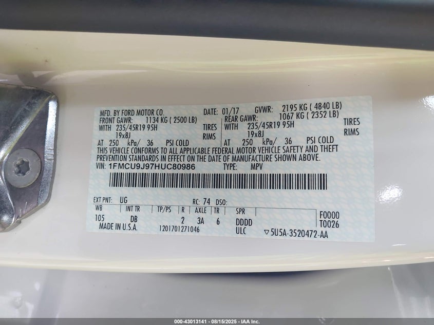 2017 FORD ESCAPE TITANIUM 1FMCU9J97HUC80986