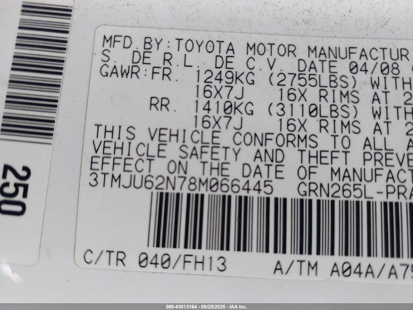 2008 Toyota Tacoma Prerunner V6 VIN: 3TMJU62N78M066445 Lot: 43013164