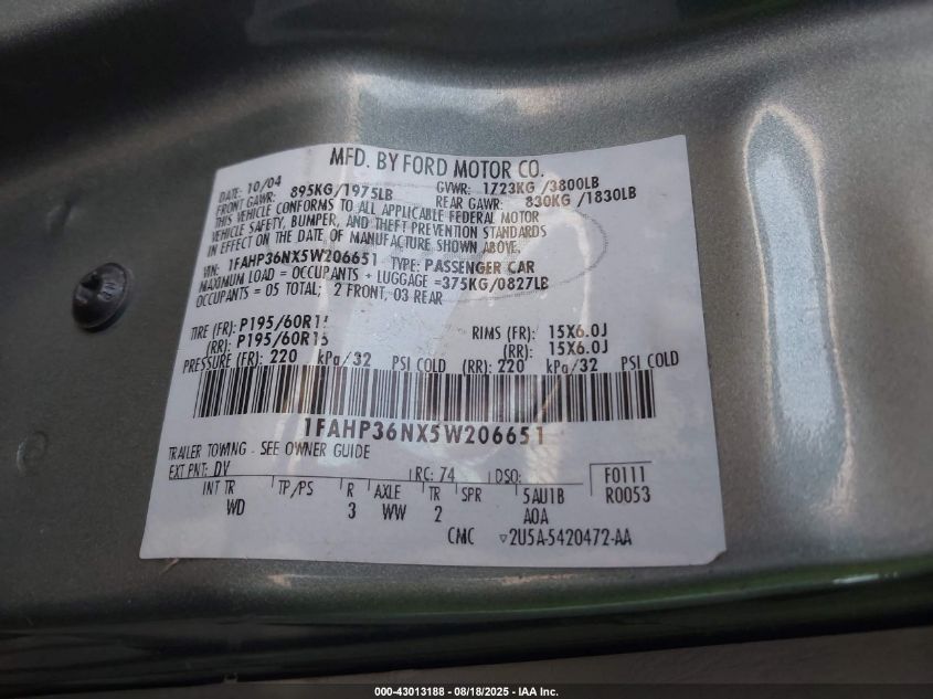 2005 Ford Focus Zxw VIN: 1FAHP36NX5W206651 Lot: 43013188