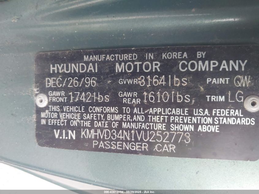 1997 Hyundai Accent Gs/Gt VIN: KMHVD34N1VU252773 Lot: 43013194
