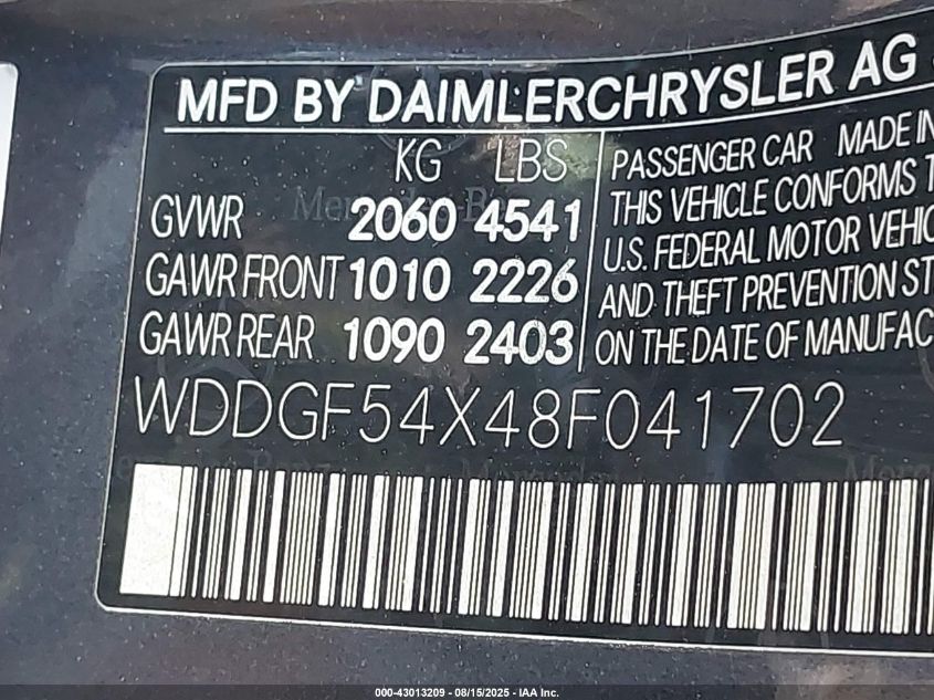 2008 Mercedes-Benz C 300 Luxury/Sport VIN: WDDGF54X48F041702 Lot: 43013209