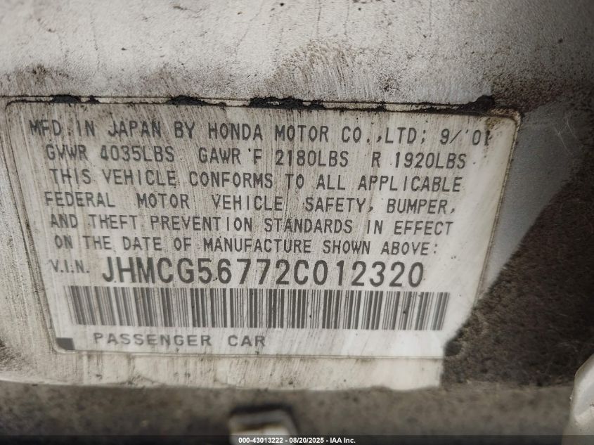 2002 Honda Accord 2.3 Se VIN: JHMCG56772C012320 Lot: 43013222