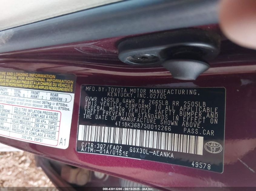 2005 Toyota Avalon Xl VIN: 4T1BK36B75U012266 Lot: 43013286