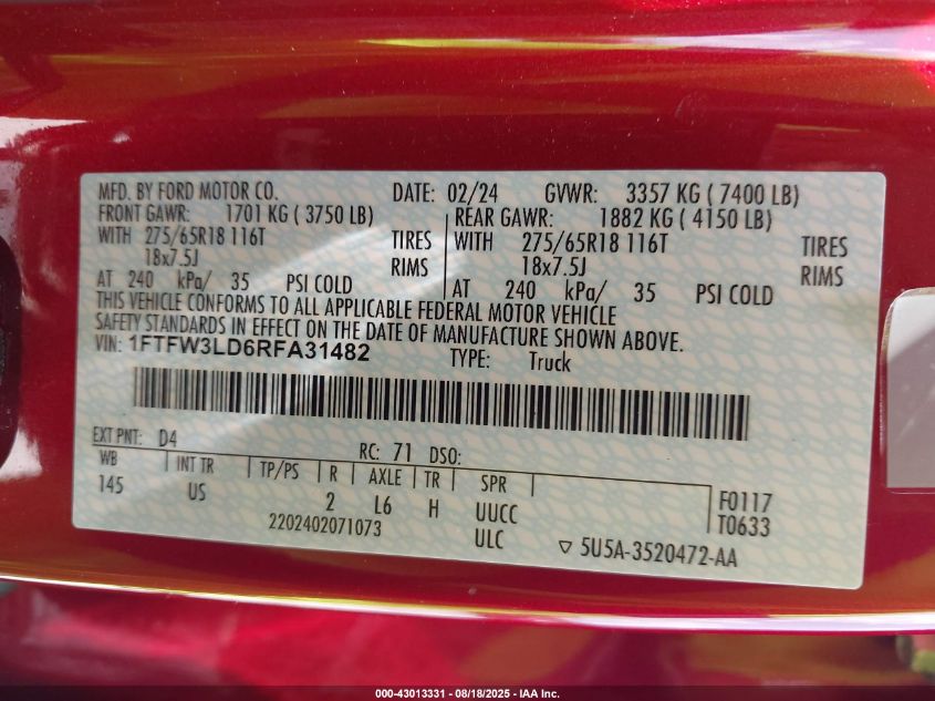 2024 Ford F-150 - 1FTFW3LD6RFA31482