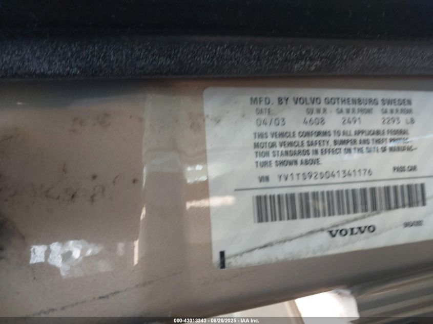 2004 Volvo S80 2.9 VIN: YV1TS92D041341176 Lot: 43013343