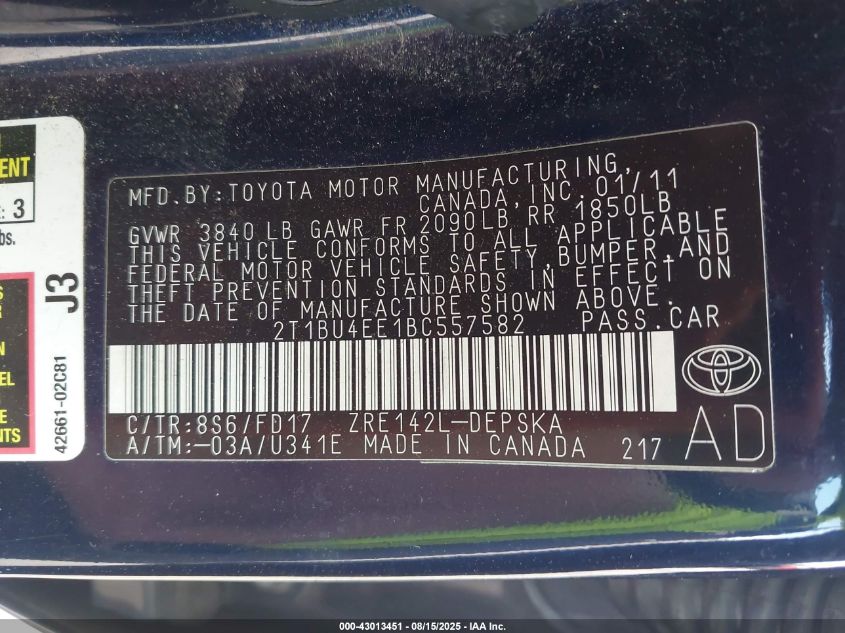 2011 Toyota Corolla S VIN: 2T1BU4EE1BC557582 Lot: 43013451