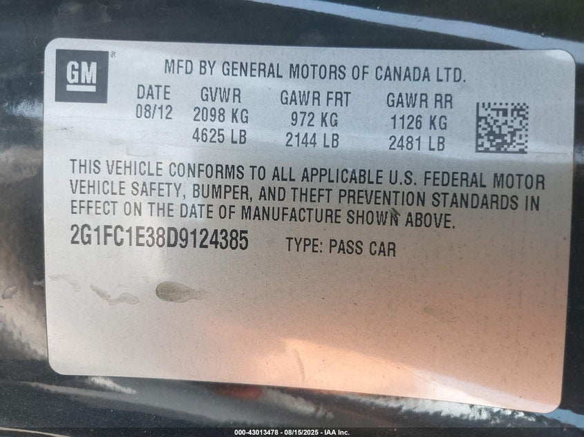 2013 CHEVROLET CAMARO 2LT - 2G1FC1E38D9124385