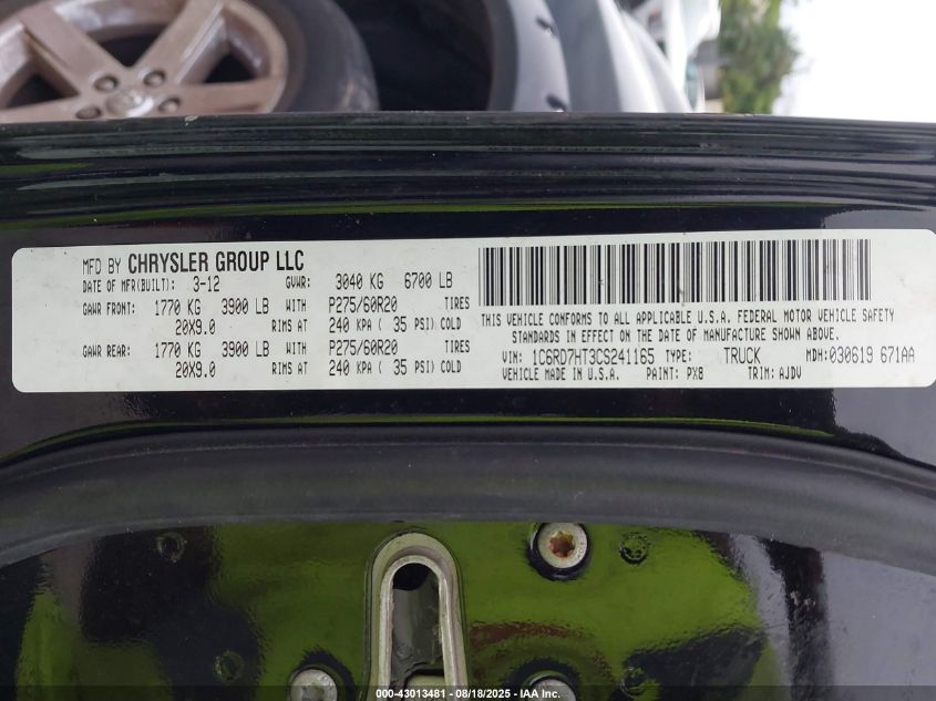 2012 Ram 1500 Sport VIN: 1C6RD7HT3CS241165 Lot: 43013481