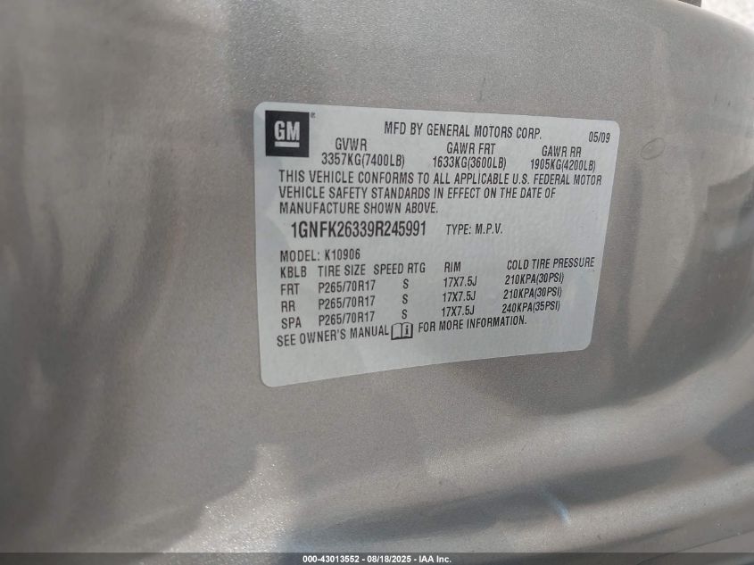 2009 Chevrolet Suburban 1500 Lt2 VIN: 1GNFK26339R245991 Lot: 43013552