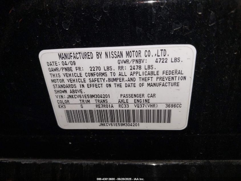 2009 Infiniti G37 Journey VIN: JNKCV61E59M304201 Lot: 43013600