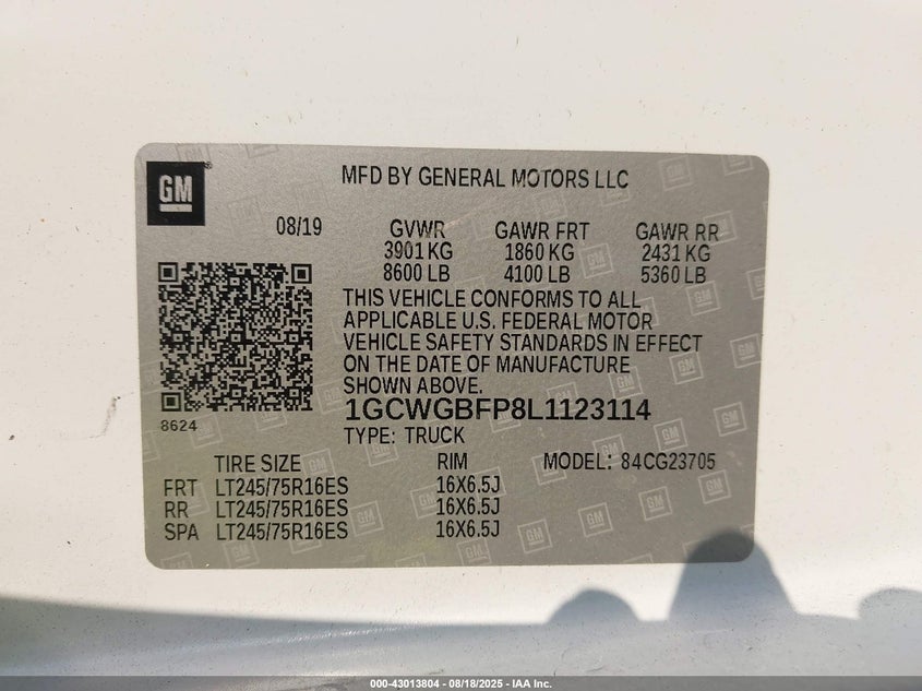 2020 CHEVROLET EXPRESS CARGO RWD 2500 EXTENDED WHEELBASE WT - 1GCWGBFP8L1123114