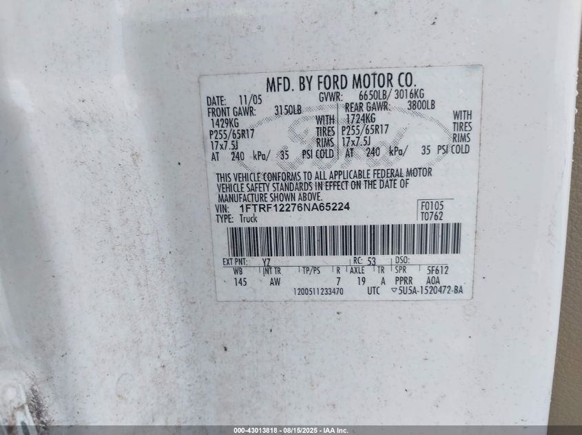 2006 Ford F-150 Stx/Xl/Xlt VIN: 1FTRF12276NA65224 Lot: 43013818