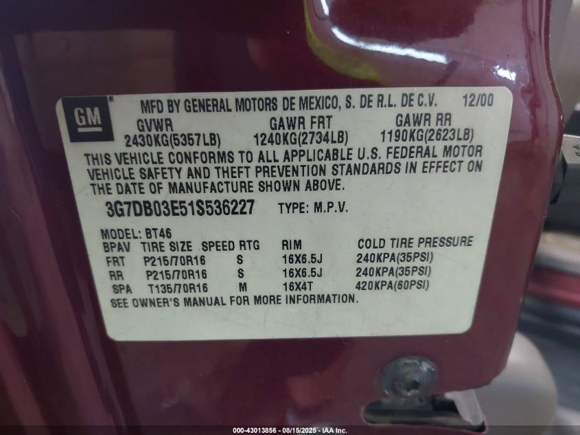 2001 Pontiac Aztek Gt VIN: 3G7DB03E51S536227 Lot: 43013856