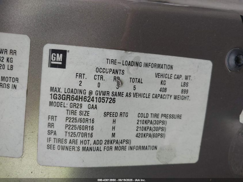 2002 Oldsmobile Aurora 3.5 VIN: 1G3GR64H624105726 Lot: 43013950