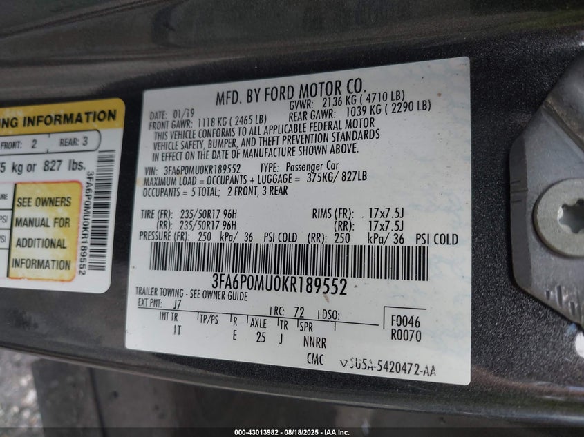 2019 FORD FUSION HYBRID SEL 3FA6P0MU0KR189552