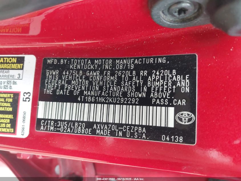 2019 TOYOTA CAMRY XSE 4T1B61HK2KU292292