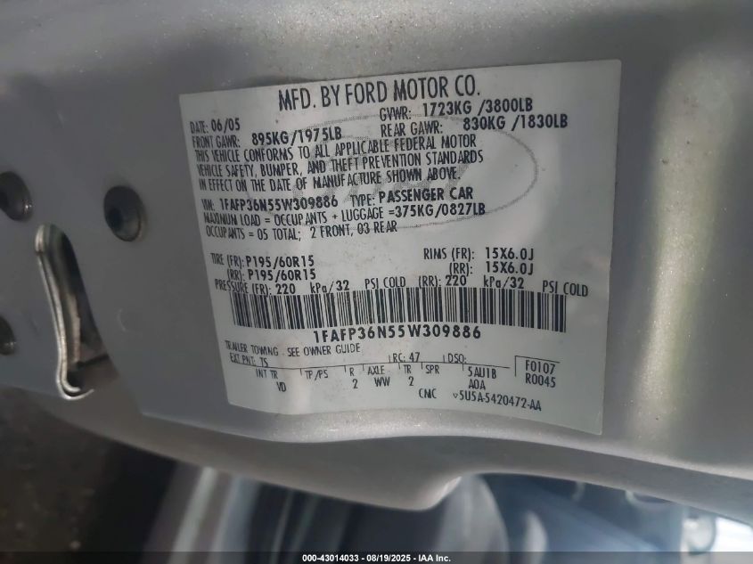 2005 Ford Focus Zxw VIN: 1FAFP36N55W309886 Lot: 43014033