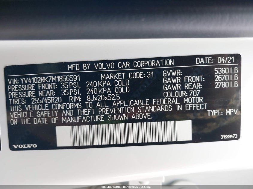 2021 VOLVO XC60 T5 MOMENTUM YV4102RK7M1856591