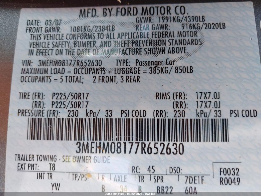 2007 Mercury Milan V6 Premier VIN: 3MEHM08177R652630 Lot: 43014106